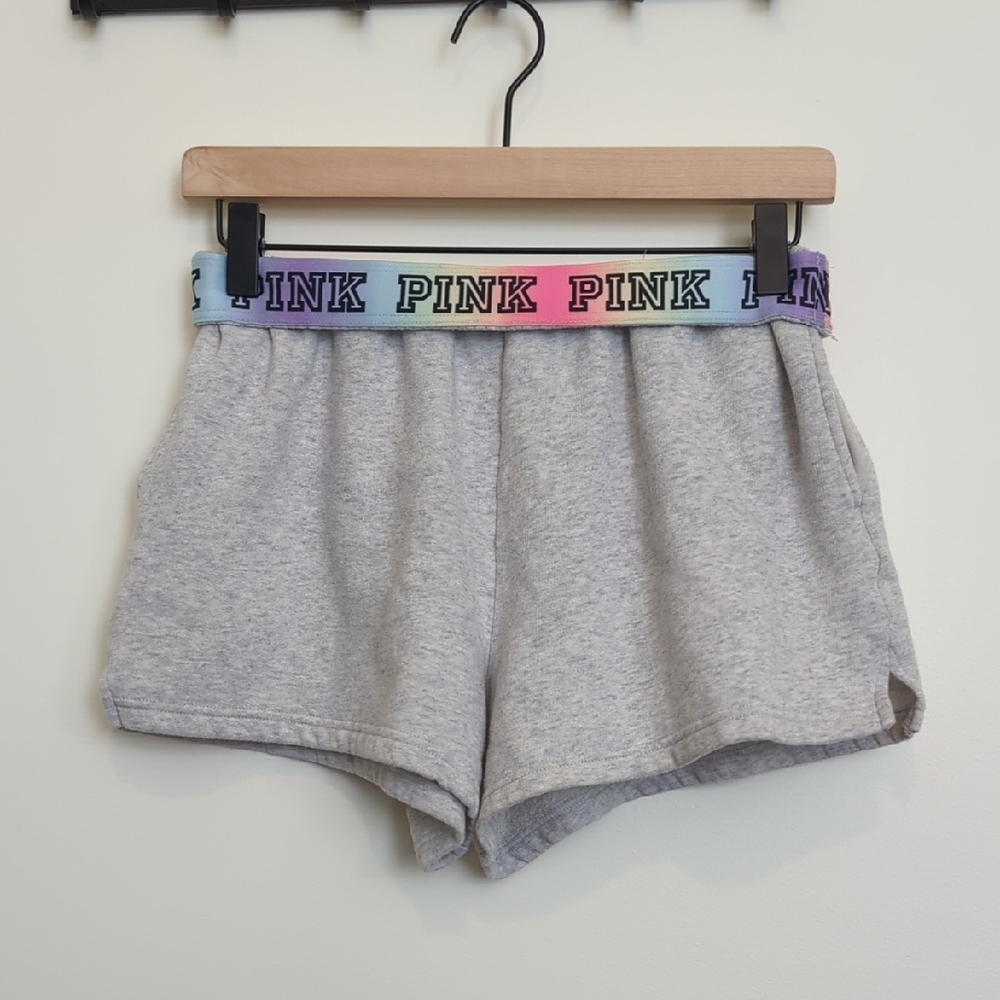 PINK Victoria's Secret Gray Fleece Shorts with Rainbow Waistband And Pockets